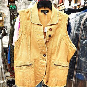 Vintage Gold Denim Vest With Wood Buttons and Zipper Pockets